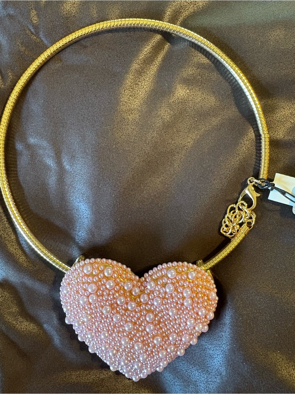 Natasha Couture Gold Collar Necklace with Pink Pearl Heart Pendant